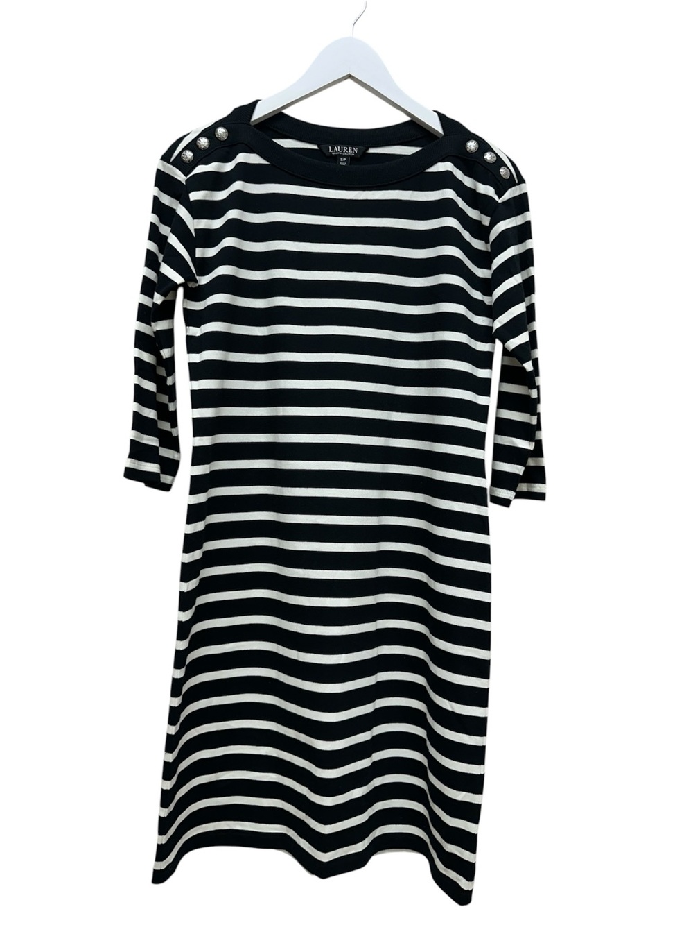 Ralph Lauren S/P Petite Black White Striped Knit Dress Button Shoulder 3/4